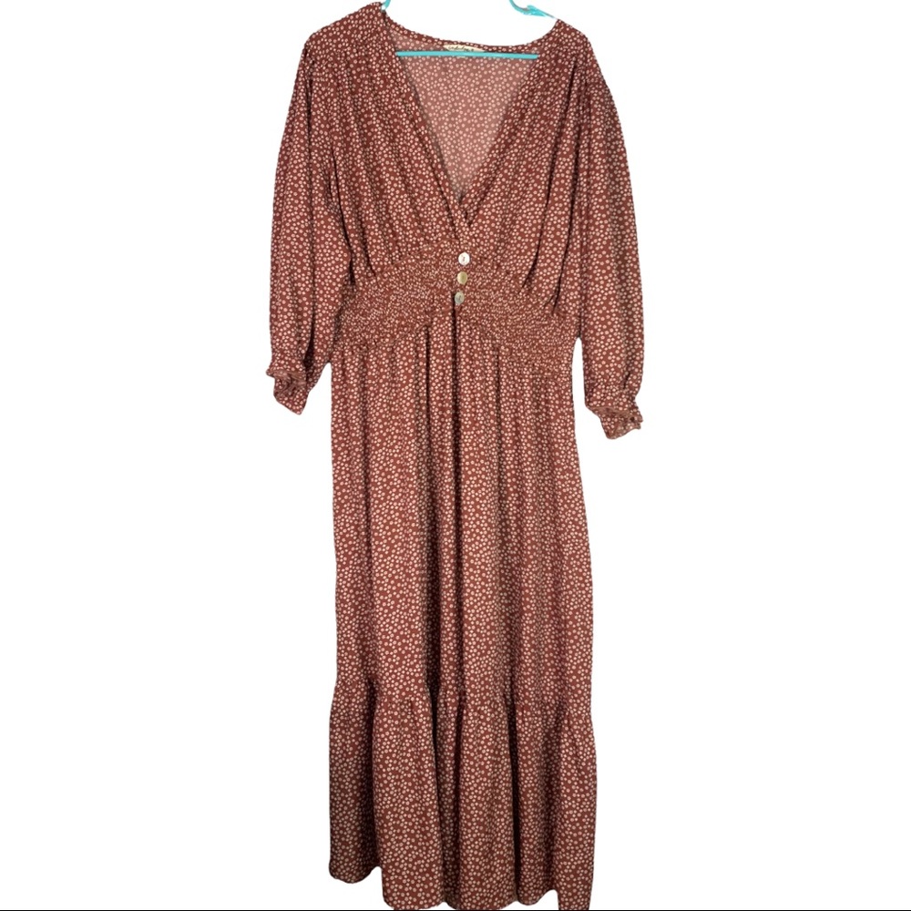 Indulge 3X Plus Size V-Neck Peasant Dress Tiered Maxi Smocked Belt, Rust Floral